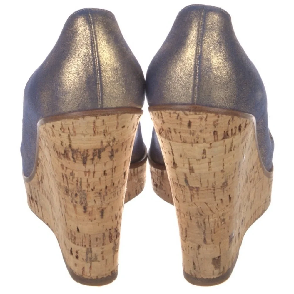 Brian Atwood Metallic Gold/Silver Leather 4”Cork Wedge Heels Size 8.5 MSRP $595